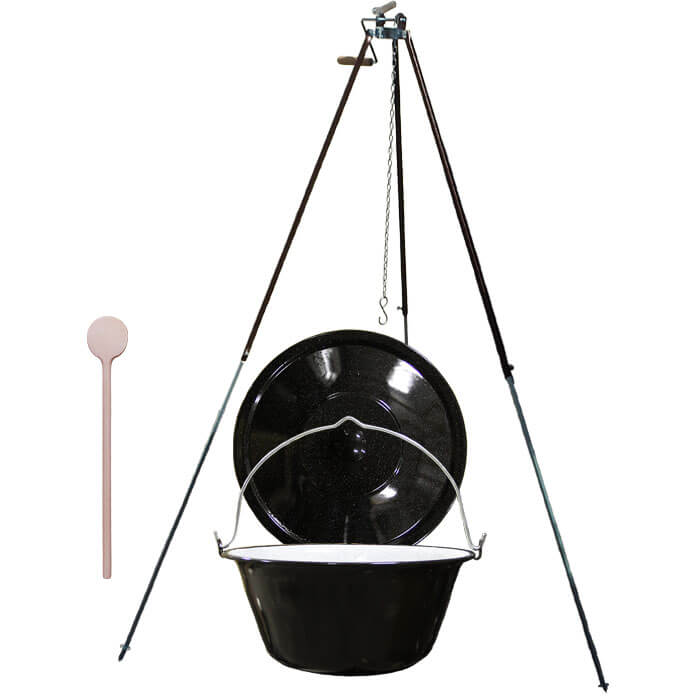 Smaltovaný kotlík 30 L (1,2 mm) + teleskopická trojnožka s poistnou kladkou + pokrievka