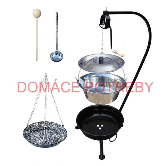 Nerezový kotlík 14 L (0,8 mm) INOX + smaltovaná panvica + ohnisko so stojanom a s poistnou kladkou VAR