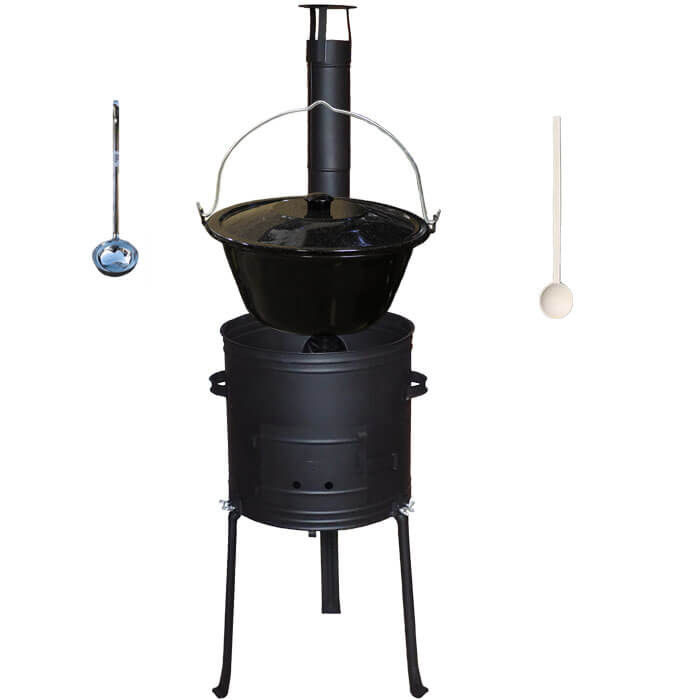 Smaltovaný kotlík 13 L (1,2 mm) + kovová kotlina s vysokými nožičkami 36 cm + vareška a naberačka