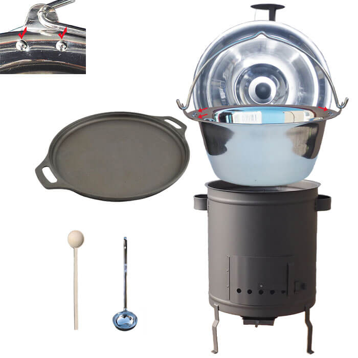 Nerezový kotlík 20 L (0,8 mm) zosilnený s nitmi + Liatinová panvica 43 cm + hrubostenná (1,5 mm) a žiaruvzdorná kotlina 42 PLUS 600