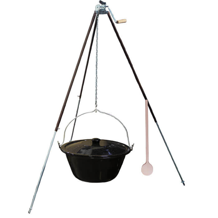 Smaltovaný kotlík 30 L (1,2 mm) + teleskopická trojnožka s poistnou kladkou + pokrievka