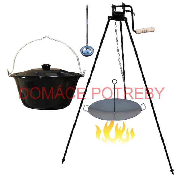 Smaltovaný kotlík 20 L (1,2 mm) + panvica na grilovanie a stojan s kladkou VAR