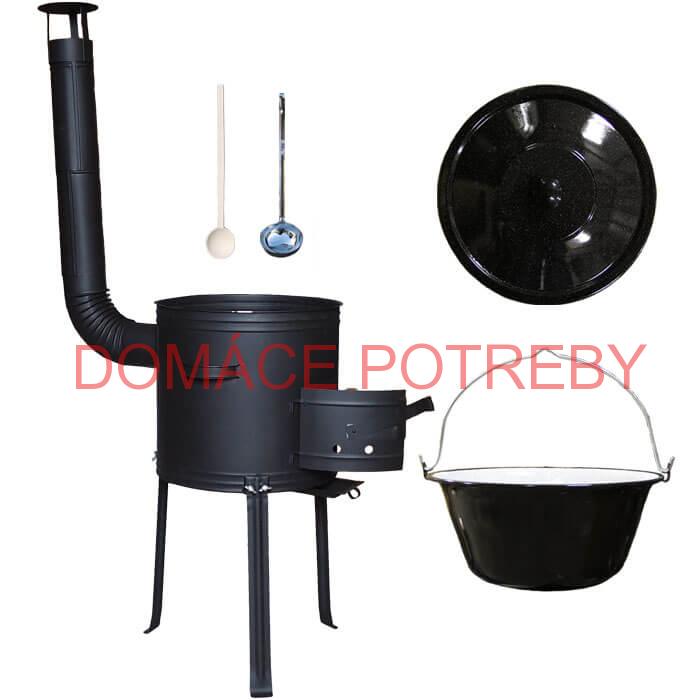 Smaltovaný kotlík 20 L (1,2 mm) + kovová kotlina s vysokými nožičkami 42 cm + vareška a naberačka