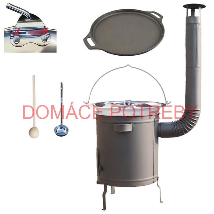 Nerezový kotlík 20 L (0,8 mm) zosilnený s nitmi + Liatinová panvica 43 cm + hrubostenná (1,5 mm) a žiaruvzdorná kotlina 42 PLUS 600