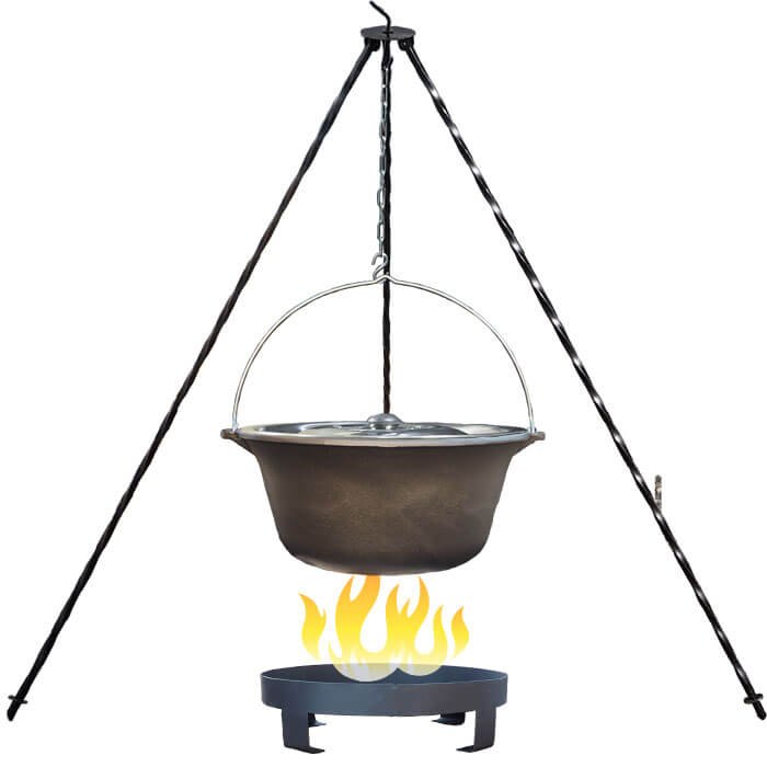Liatinový kotlík 10,8 L + nerezová pokrievka + trojnožka 1,2 m + ohnisko 36 cm