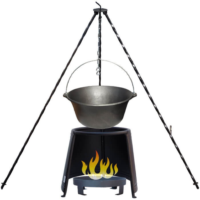Liatinový kotlík 7,2 L + chránič plameňa 32 cm + ohnisko 36 cm + trojnožka 1,2 m