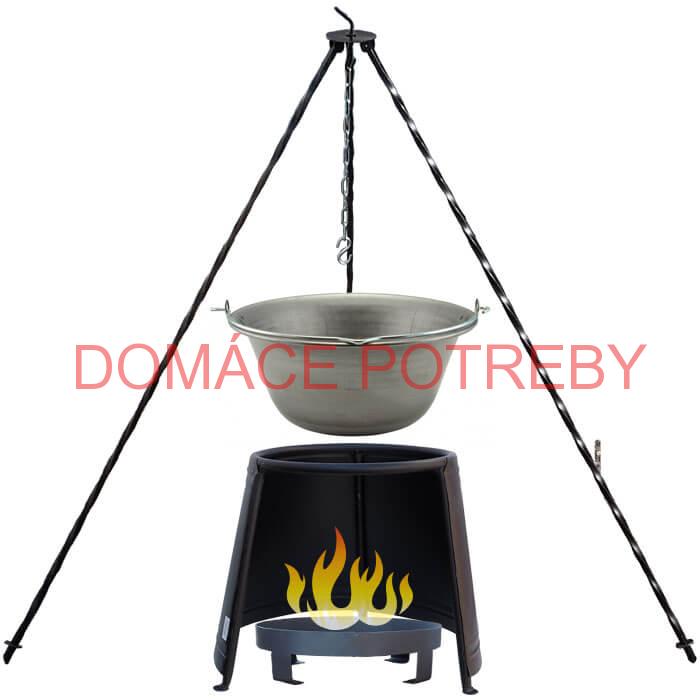 Železný kotlík 6 L (0,75 mm) + chránič plameňa 32 cm + ohnisko 36 cm + trojnožka 1,2 m