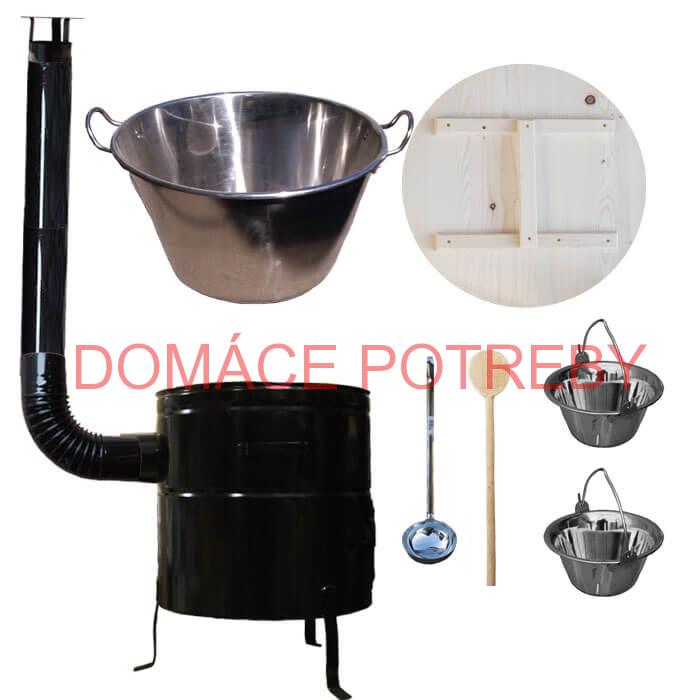 Zabíjačkový nerezový kotol 100 L, kovová kotlina 60 cm, smaltovaná pokrievka + 2 servírovacie antikorové kotlíky