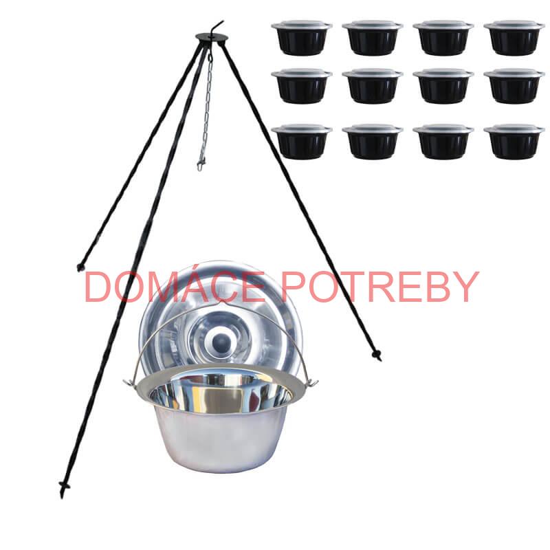 Nerezový kotlík 8 L (0,8 mm) + antikorová pokrievka + stojan + misky 12 ks