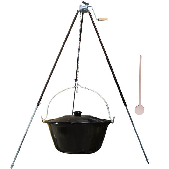 Smaltovaný kotlík 30 L (1,2 mm) + teleskopická trojnožka s poistnou kladkou + pokrievka