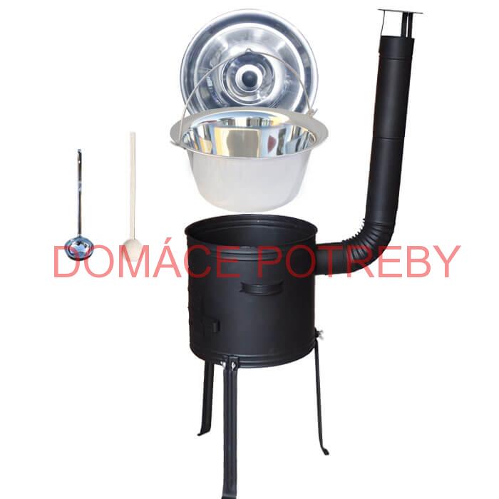 Antikorový kotlík 15 L (1,2 mm) + kovová kotlina s vysokými nožičkami 36 cm, žiaruvzdorná farba Plus 700 + vareška a naberačka