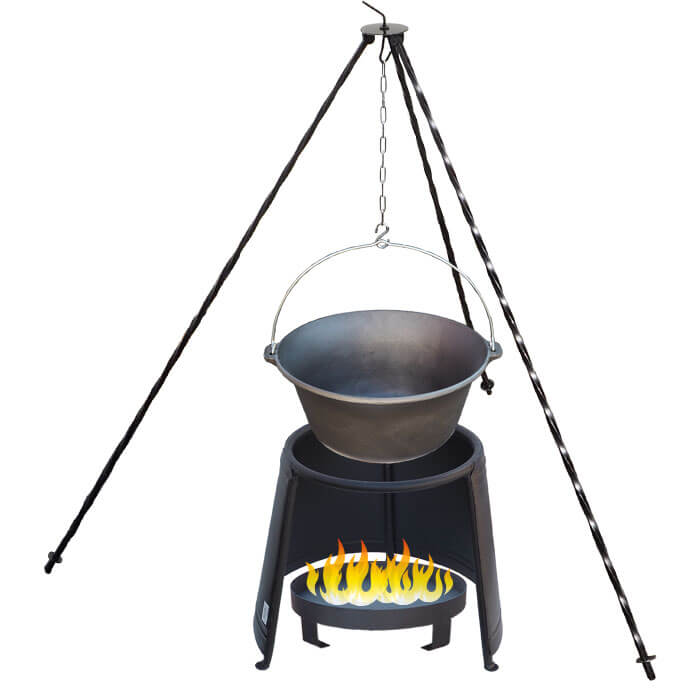 Liatinový kotlík 7,2 L + chránič plameňa 32 cm + ohnisko 36 cm + trojnožka 1,2 m