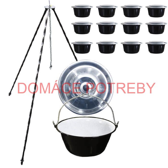 Smaltovaný kotlík 13 L + pokrievka + stojan + misky 12 ks