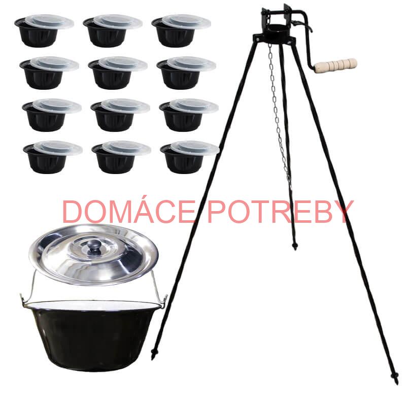 Smaltovaný kotlík 25 L + stojan s kladkou VAR + misky 12 ks