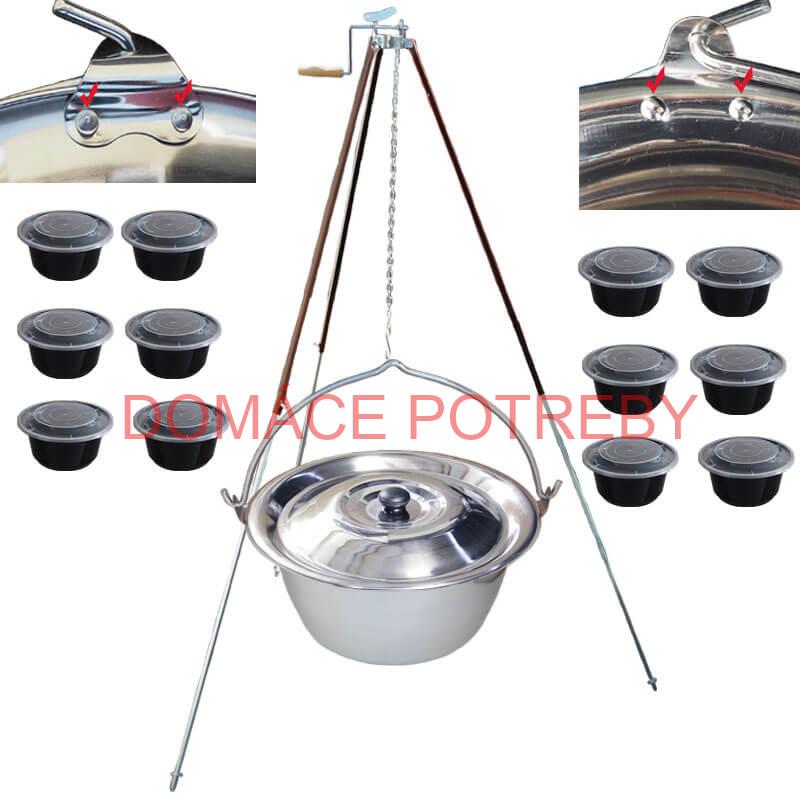 Antikorový kotlík 30 L (0,8 mm) s nitmi + teleskopická trojnožka s poistnou kladkou + misky 12 ks