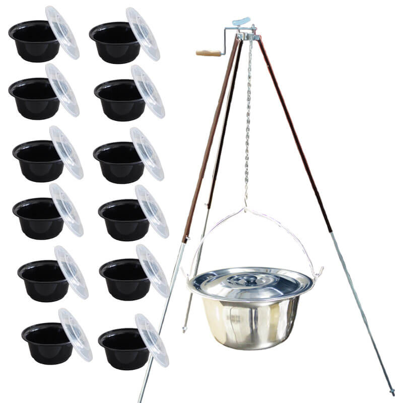 Antikorový kotlík 30 L (1,2 mm) + teleskopická trojnožka s poistnou kladkou + misky 12 ks