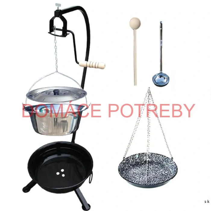 Nerezový kotlík 20 L (1,2 mm) INOX + smaltovaná panvica + ohnisko so stojanom a s poistnou kladkou VAR