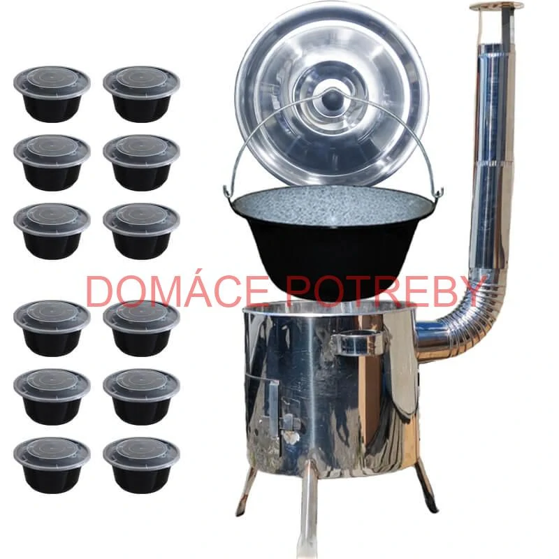 Smaltovaný kotlík 13 L + Nerezová kotlina 36 INOX LUSTRO + misky 12 ks