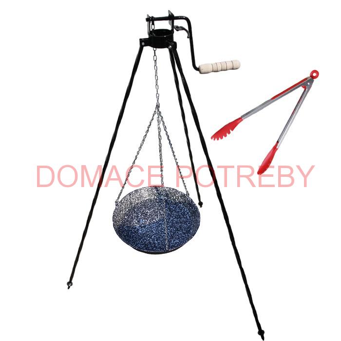 Smaltovaná panvica s retiazkou 42 cm + trojnožka s poistnou kladkou a obracačka na mäso GRILL PARTY 1
