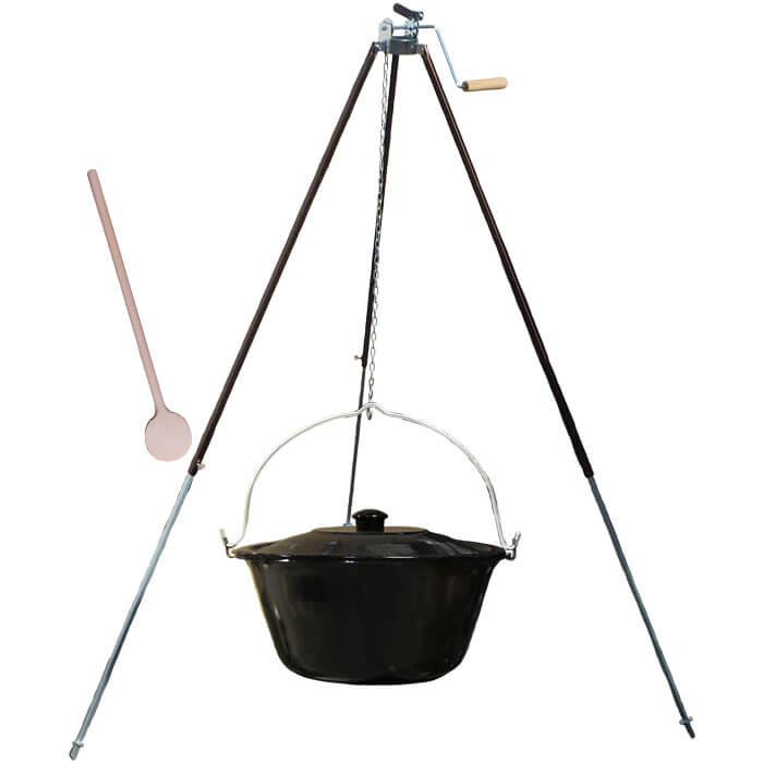 Smaltovaný kotlík 30 L (1,2 mm) + teleskopická trojnožka s poistnou kladkou + pokrievka