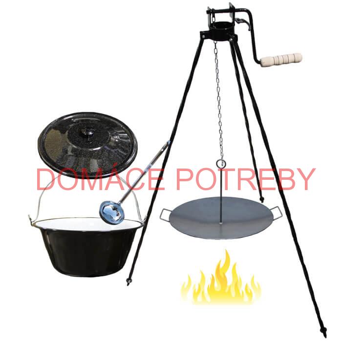 Smaltovaný kotlík 20 L (1,2 mm) + panvica na grilovanie a stojan s kladkou VAR