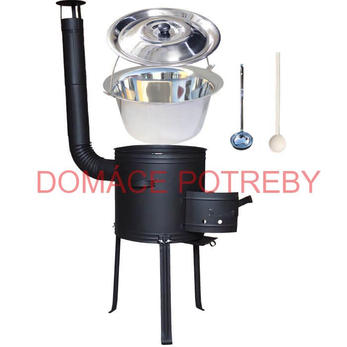 Antikorový kotlík 15 L (1,2 mm) + kovová kotlina s vysokými nožičkami 36 cm, žiaruvzdorná farba Plus 700 + vareška a naberačka