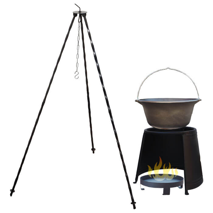 Liatinový kotlík 7,2 L + chránič plameňa 32 cm + ohnisko 36 cm + trojnožka 1,2 m