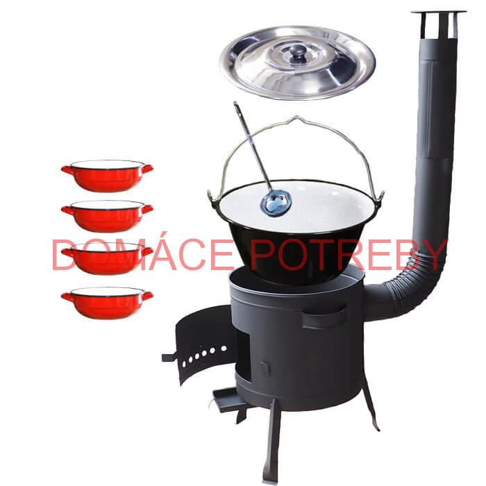 Smaltovaný kotlík 20 L + selské misky 4 ks + nízka žiaruvzdorná kotlina 42 cm PLUS 600