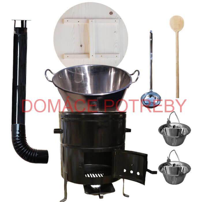 Zabíjačkový nerezový kotol 100 L, kovová kotlina 60 cm, smaltovaná pokrievka + 2 servírovacie antikorové kotlíky