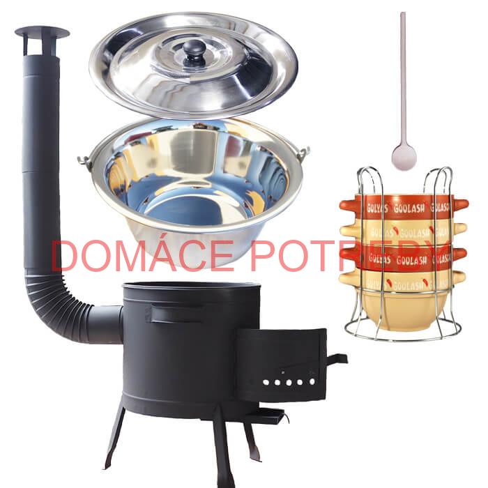 Nerezový kotlík 22 L (0,8 mm) INOX + misky na guláš 4 ks + nízka žiaruvzdorná kotlina 42 PLUS 600