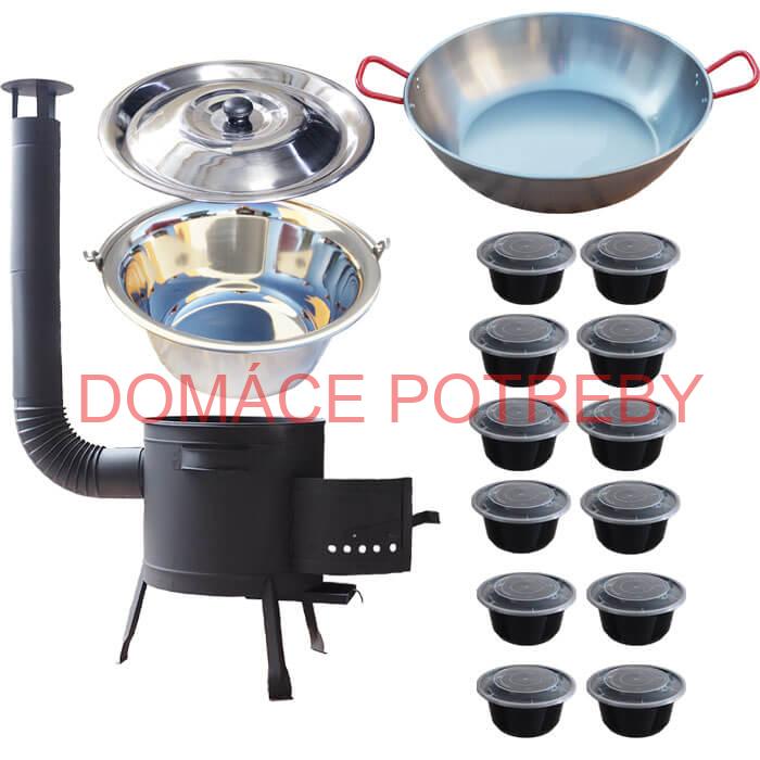 Smaltovaný kotlík 22 L + Panvica PAELLA (WOK) 45 cm + misky 12 ks + žiaruvzdorná kotlina 42 PLUS 600 s roštom na popol 4 mm
