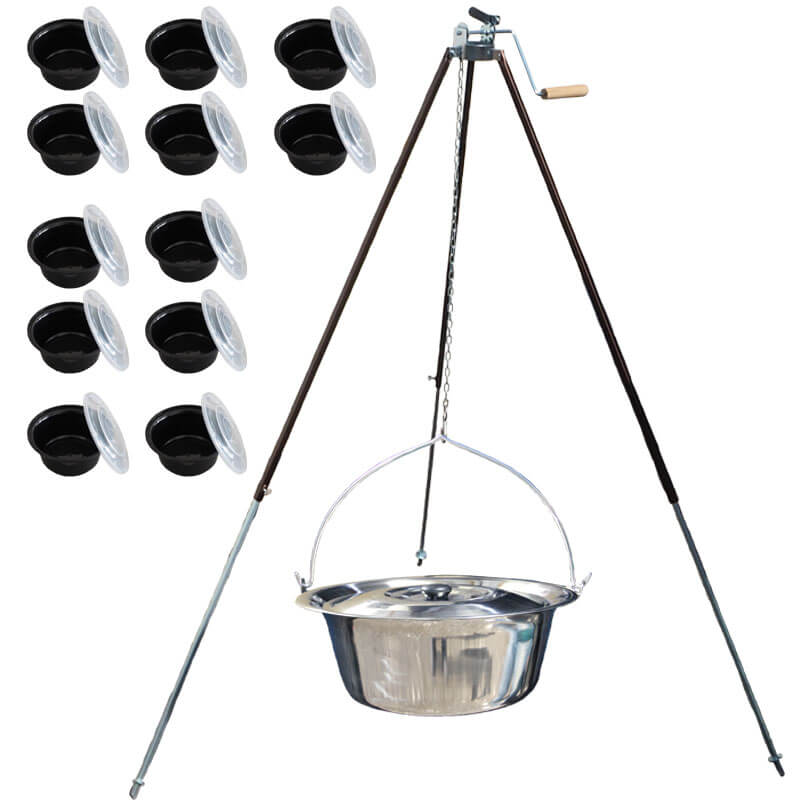Antikorový kotlík 30 L (1,2 mm) + teleskopická trojnožka s poistnou kladkou + misky 12 ks