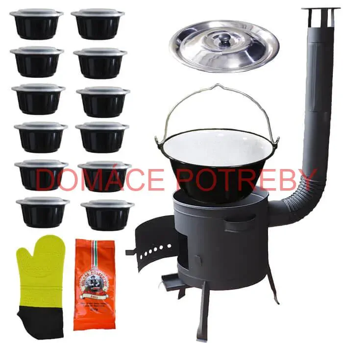 Smaltovaný kotlík 22 L (1,2 mm) + misky 12 ks + nízka žiaruvzdorná kotlina (1,5 mm) 42 PLUS 600