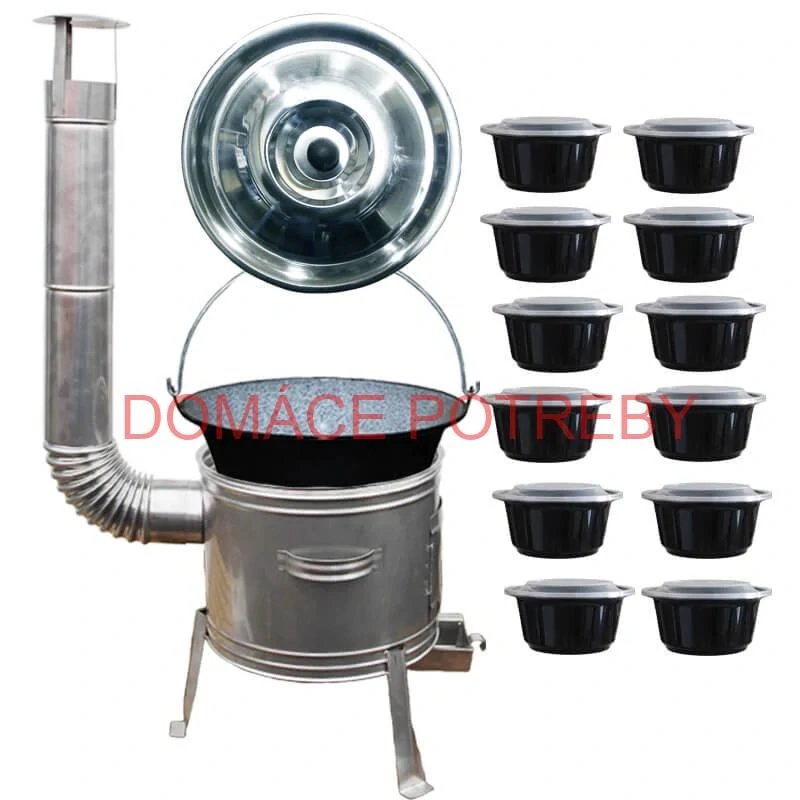 Smaltovaný kotlík 25 L + Nerezová kotlina 42 INOX + misky 12 ks
