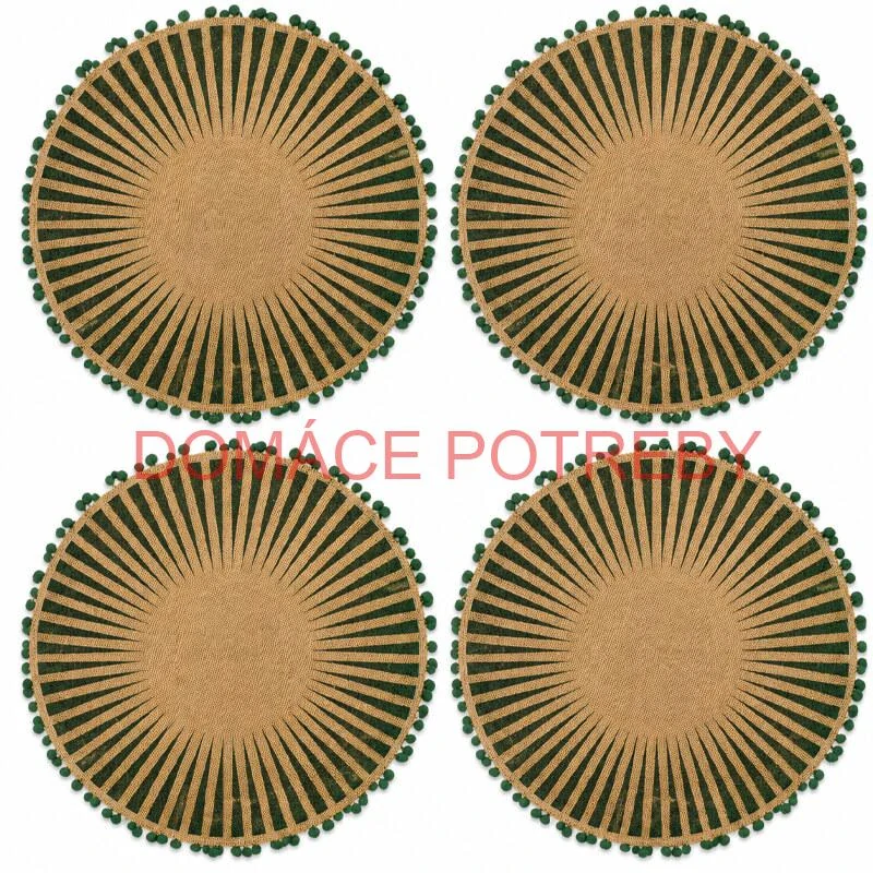Okrúhle jutové podložky pod tanier zelené s pompónmi 37 cm, 4 ks