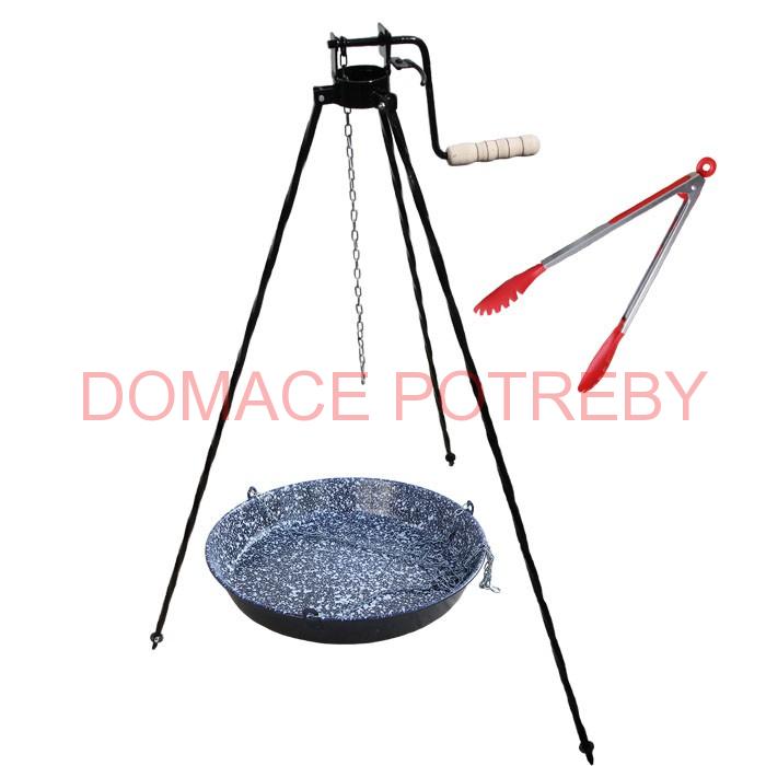 Smaltovaná panvica s retiazkou 42 cm + trojnožka s poistnou kladkou a obracačka na mäso GRILL PARTY 1