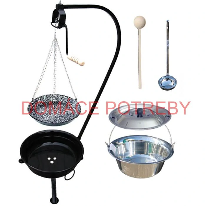 Nerezový kotlík 14 L (0,8 mm) INOX + smaltovaná panvica + ohnisko so stojanom a s poistnou kladkou VAR