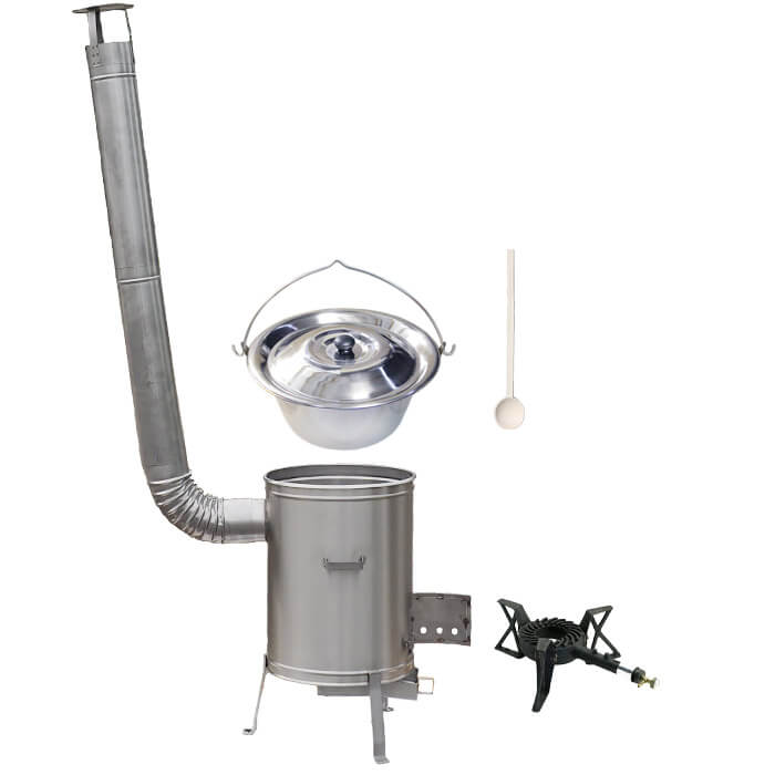 Antikorový kotlík 10 L (1,2 mm) + nerezová kotlina 36 cm + liatinový horák 7 kW, vareška LUX
