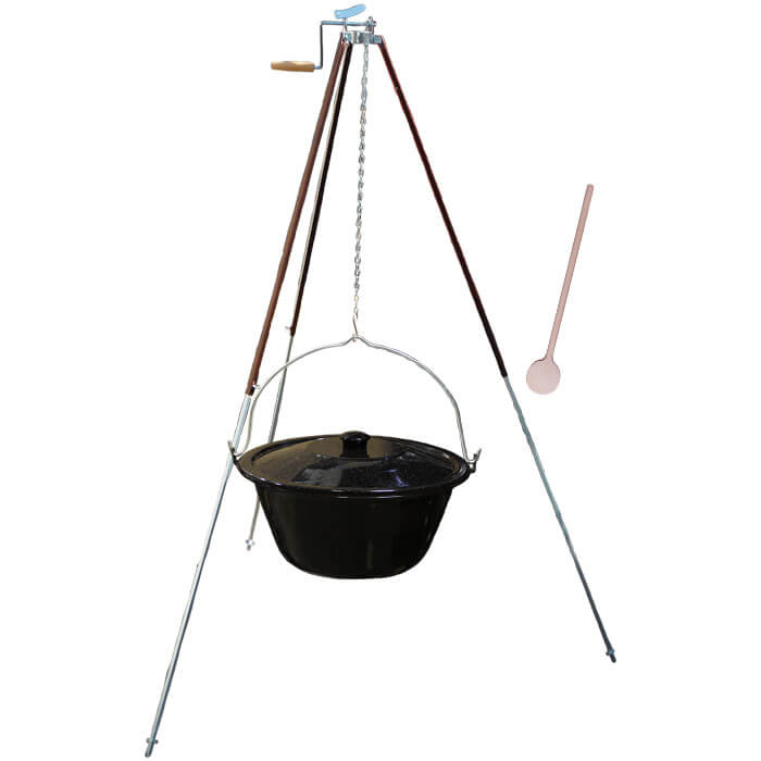 Smaltovaný kotlík 30 L (1,2 mm) + teleskopická trojnožka s poistnou kladkou + pokrievka