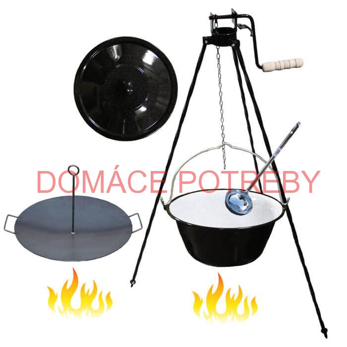 Smaltovaný kotlík 20 L (1,2 mm) + panvica na grilovanie a stojan s kladkou VAR