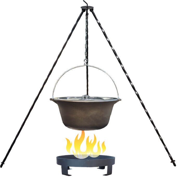 Liatinový kotlík 10,8 L + nerezová pokrievka + trojnožka 1,2 m + ohnisko 36 cm