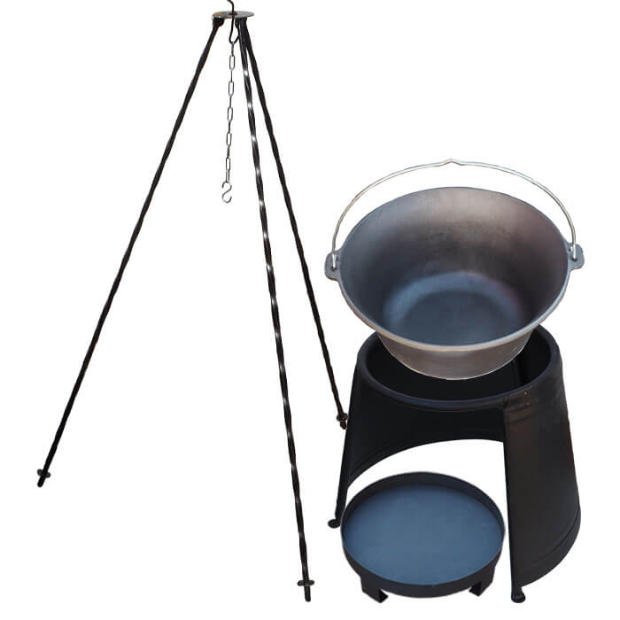 Liatinový kotlík 7,2 L + chránič plameňa 32 cm + ohnisko 36 cm + trojnožka 1,2 m