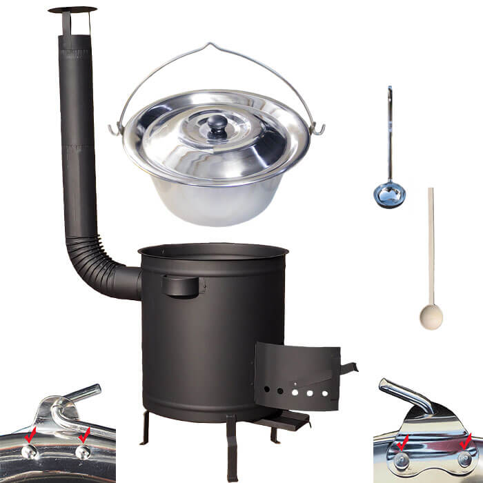Nerezový kotlík 15 L (0,8 mm) zosilnený s nitmi + hrubostenná (1,5 mm) žiaruvzdorná kotlina 36 PLUS 600