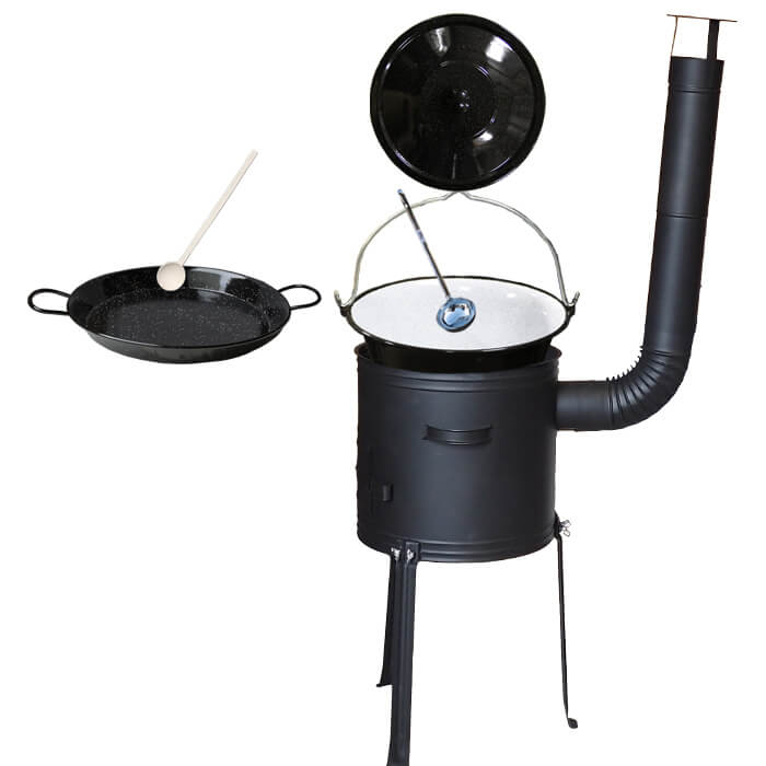Smaltovaný kotlík 20 L + Paella panvica 46 cm + kovová kotlina s vysokými nožičkami 42 cm, žiaruvzdorná farba Plus 700