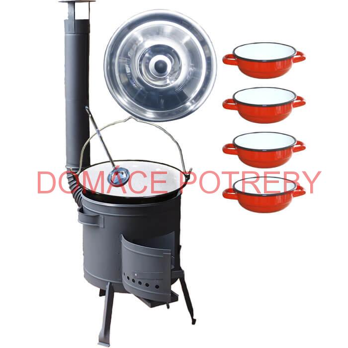 Smaltovaný kotlík 20 L + selské misky 4 ks + nízka žiaruvzdorná kotlina 42 cm PLUS 600
