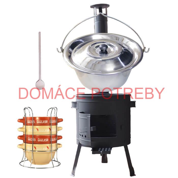 Nerezový kotlík 22 L (0,8 mm) INOX + misky na guláš 4 ks + nízka žiaruvzdorná kotlina 42 PLUS 600