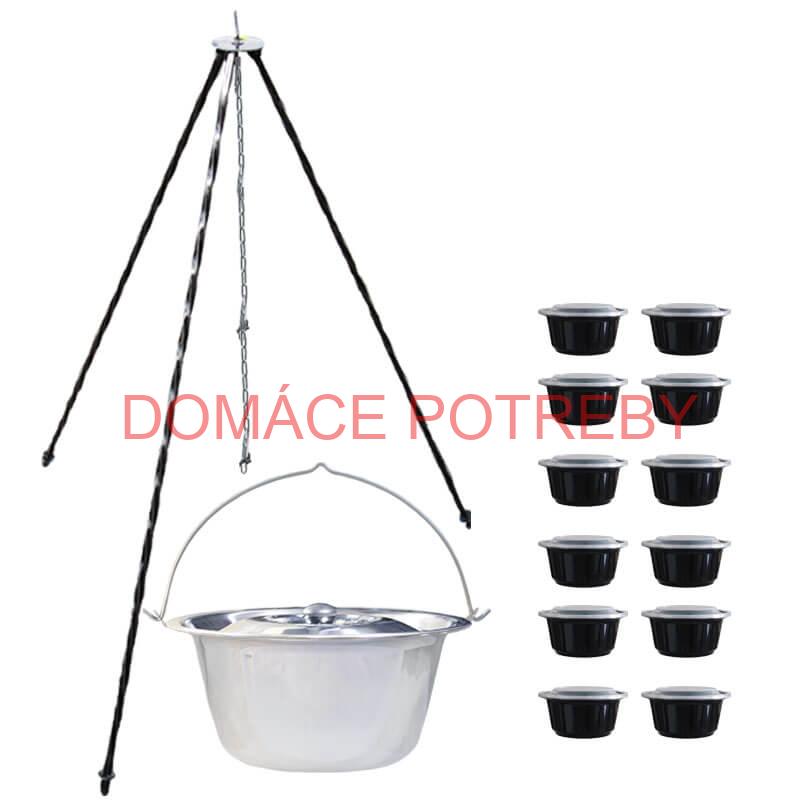 Nerezový kotlík 8 L (0,8 mm) + antikorová pokrievka + stojan + misky 12 ks