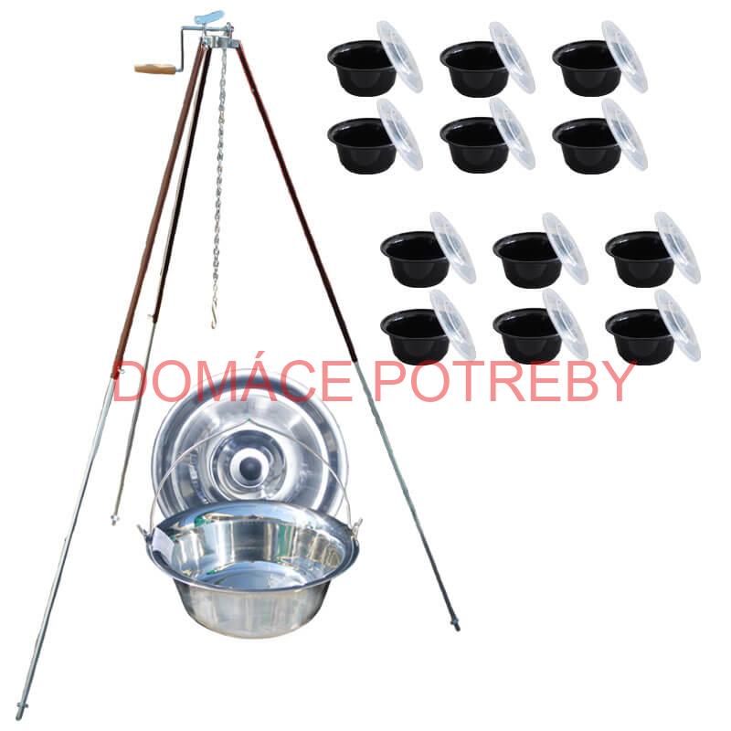 Antikorový kotlík 20 L (1,2 mm) + teleskopická trojnožka s poistnou kladkou + misky 12 ks