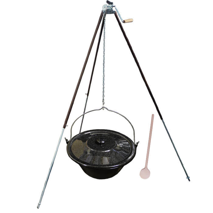 Smaltovaný kotlík 30 L (1,2 mm) + teleskopická trojnožka s poistnou kladkou + pokrievka