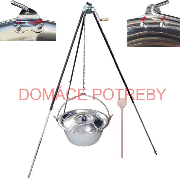 Antikorový kotlík 15 L (0,8 mm) s nitmi + teleskopická trojnožka s poistnou kladkou + pokrievka
